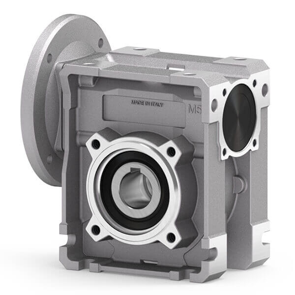 Wormwielkast type M Square, zilverkleurige behuizing, vierkante vorm, met ronde opening en as, gegraveerd 'MADE IN ITALY'.