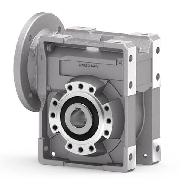 Wormwielkast type Q Square, vierkante vorm, zilverkleurige behuizing met ronde opening in het midden, 'MADE IN ITALY' op de voorkant.