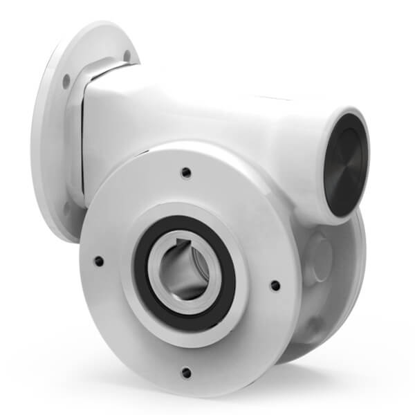 A white-painted metal worm gear with a round flange and a central shaft, shown against a light background from an oblique angle, clearly revealing the shape of the housing, the mounting holes, and the smooth surface.