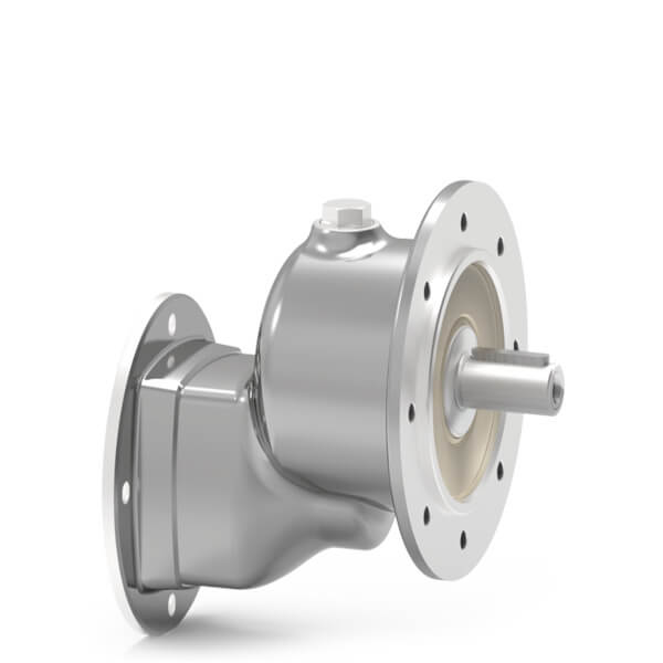 Edelstahl Stirnradgetriebe  mit zylindrischem Flansch und herausragender Welle. Die Oberfl&auml;che ist glatt und metallisch gl&auml;nzend. Mehrere Schraubl&ouml;cher sind am Flansch sichtbar. 