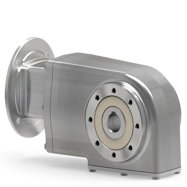 A 316 stainless steel helical-bevel gearbox with a smooth, silver finish. The housing is rounded and compact, with a flange mounting on the left side and a central bore with multiple screw holes on the right side. 