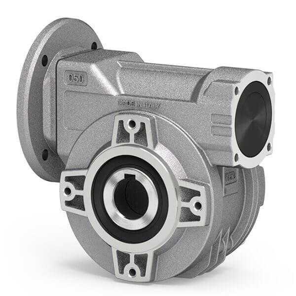 Round worm gear made of aluminium with a smooth, silver surface and a round housing. Visible connection flanges and a black bearing.